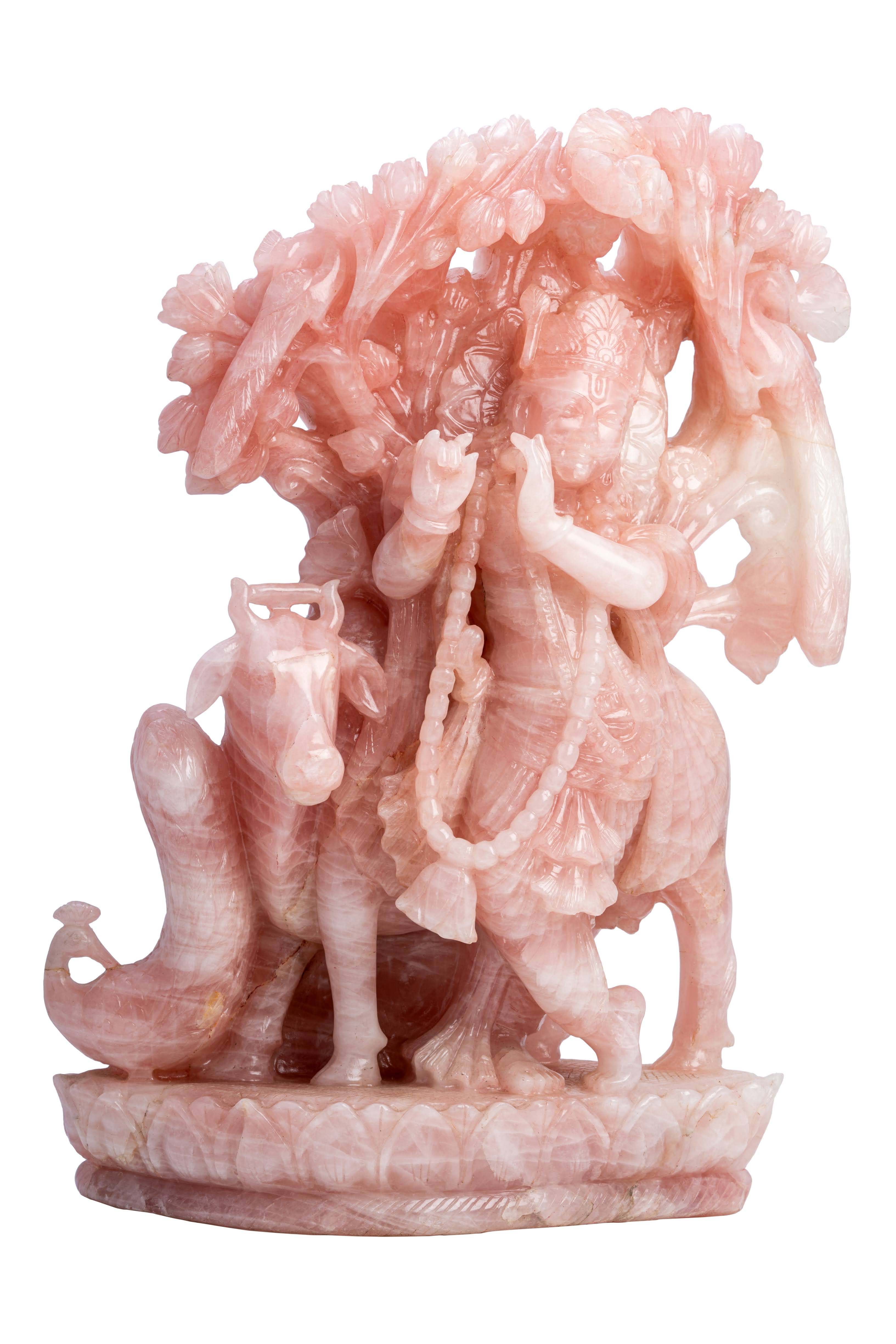 Shri Krishna Ji with Gau Mata – Rose Quartz (Masterpiece Sculpture)
