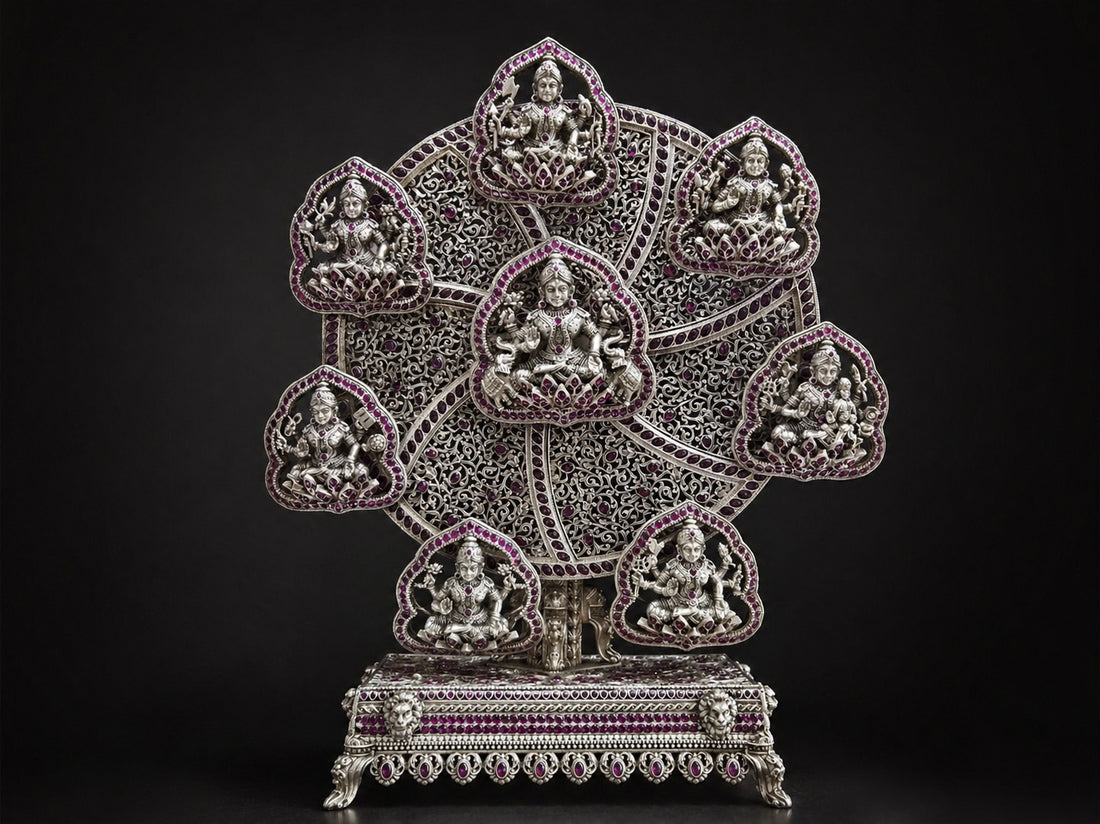 Ashta Lakshmi Divine Panel – Silver with Red Stones