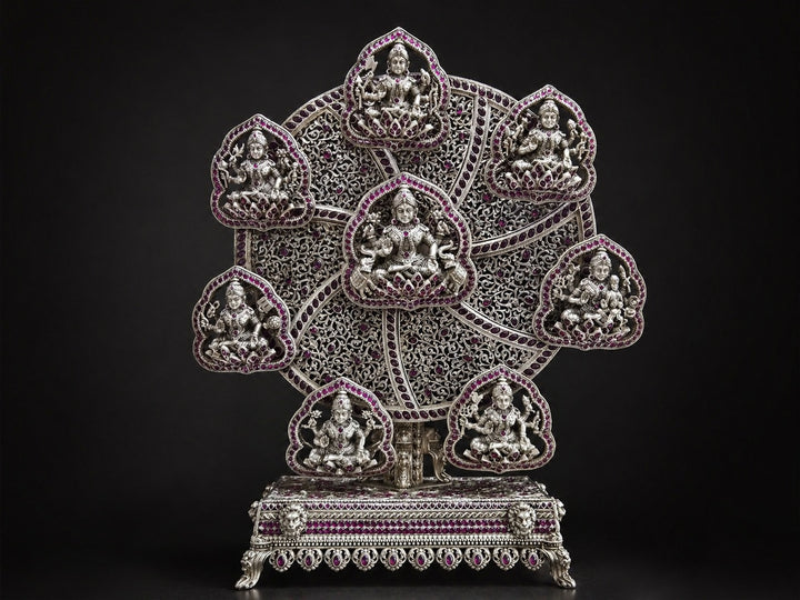 Ashta Lakshmi Divine Panel – Silver with Red Stones